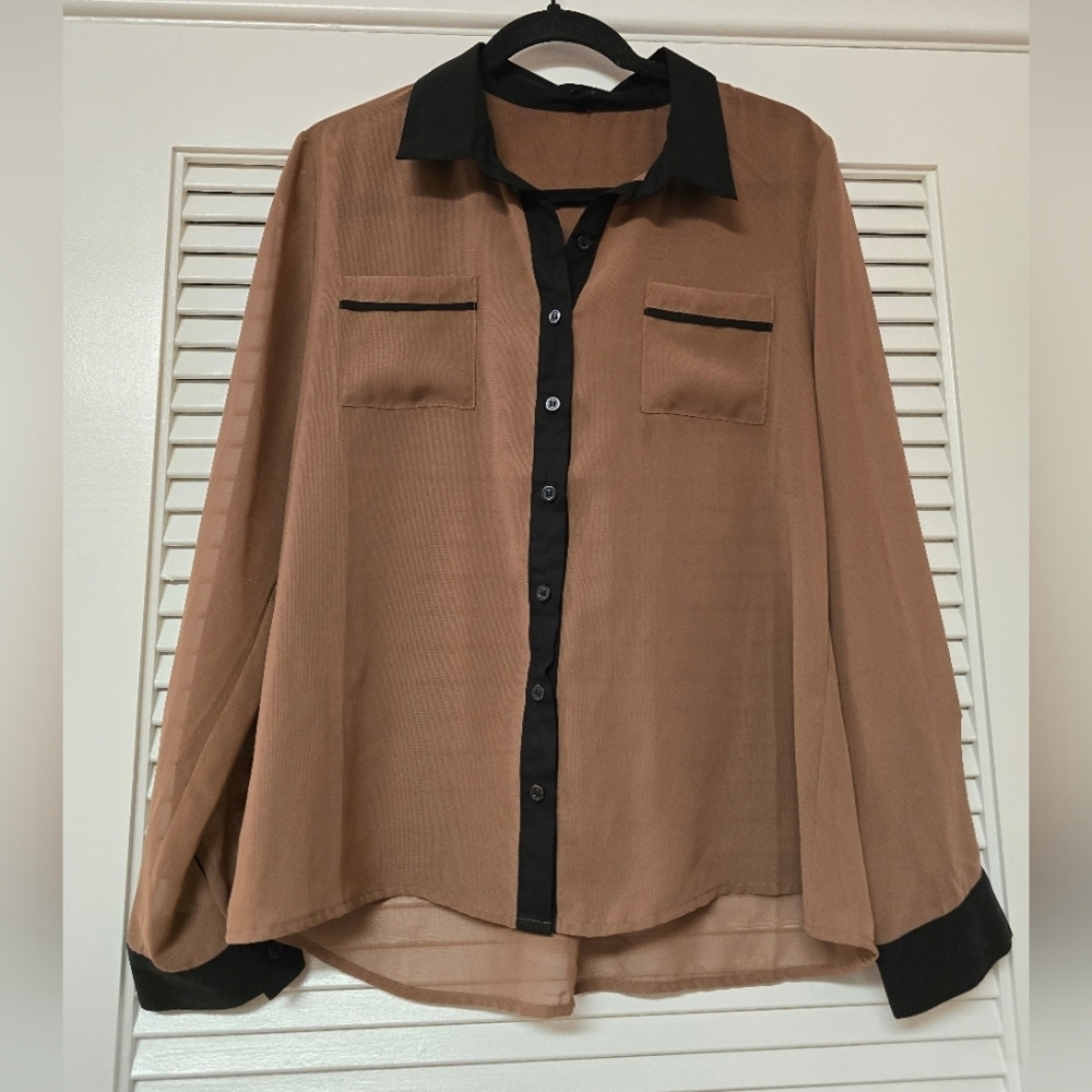 Mine - Brown & Black Long-Sleeve Sheer Lightweight Button Top